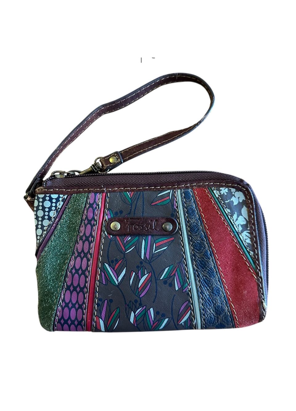 Fossil Vintage Wristlet Mixed Print Leather Suede PVC Wallet Boho Multicolor